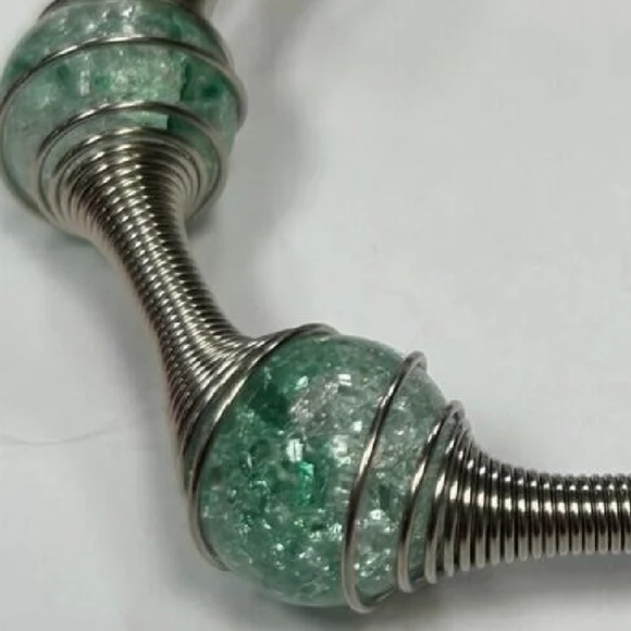 Industrial Design Bracelet Wire Springs & Clear and Green Glass Balls - Picture 2 of 4
